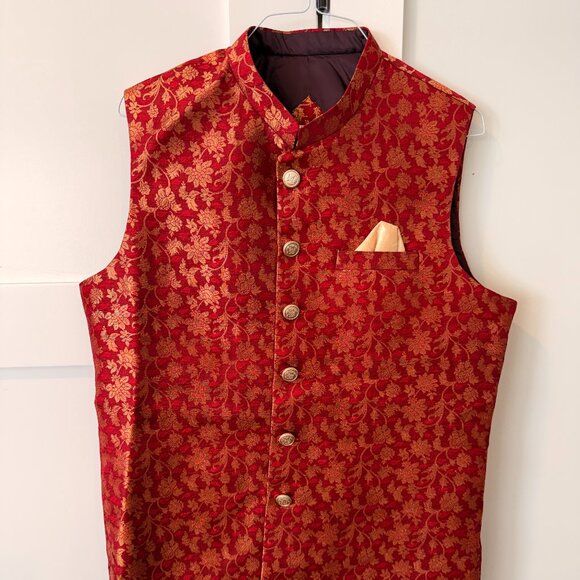 Red/Gold Men's Kurta Vest - Nehru/Bandi Jacket (L/XL) - Picture 1 of 3